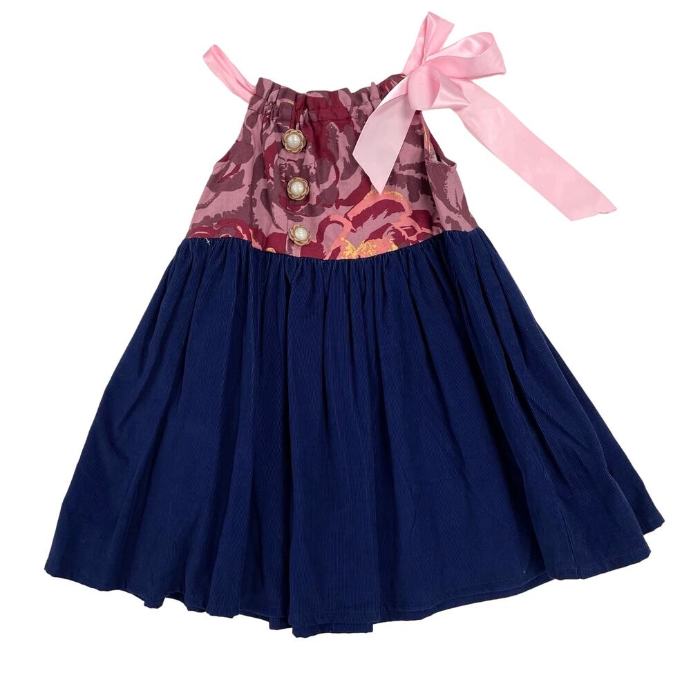 A La Modish Girls Pink Floral Navy Corduroy Ribbon Tie Dress 2